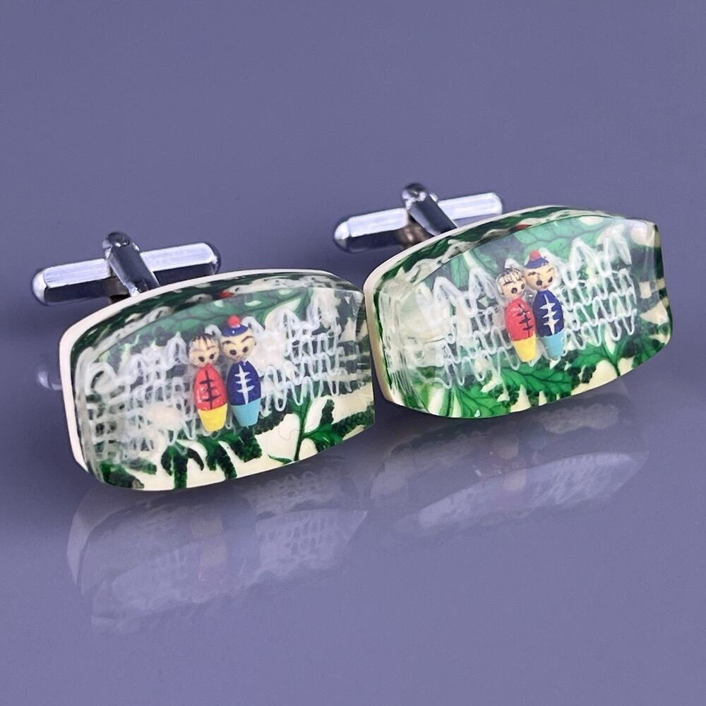 Asian Couple Landscape Cufflinks Lucite Reverse Hand Painted Unique Vintage